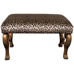 Midcentury Gilt Carved Egyptian Bench with Leopard Print Velvet Seat