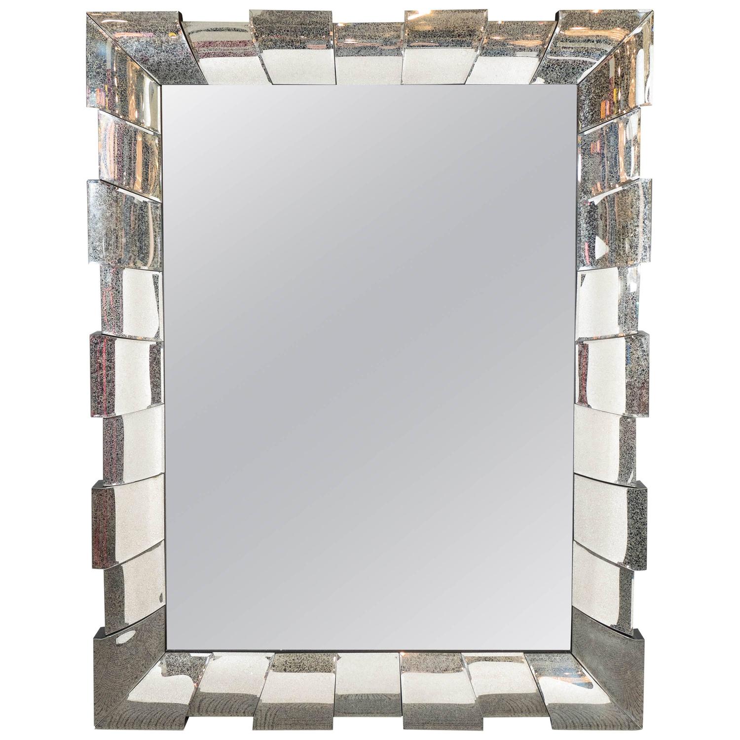 Large Rectangular Wall Mirror with Mirrored Sunburst Frame For Sale at