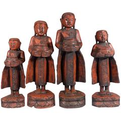 Set of Four Carved Wood Myanmar Burmese Monks with Offering Bowls 1