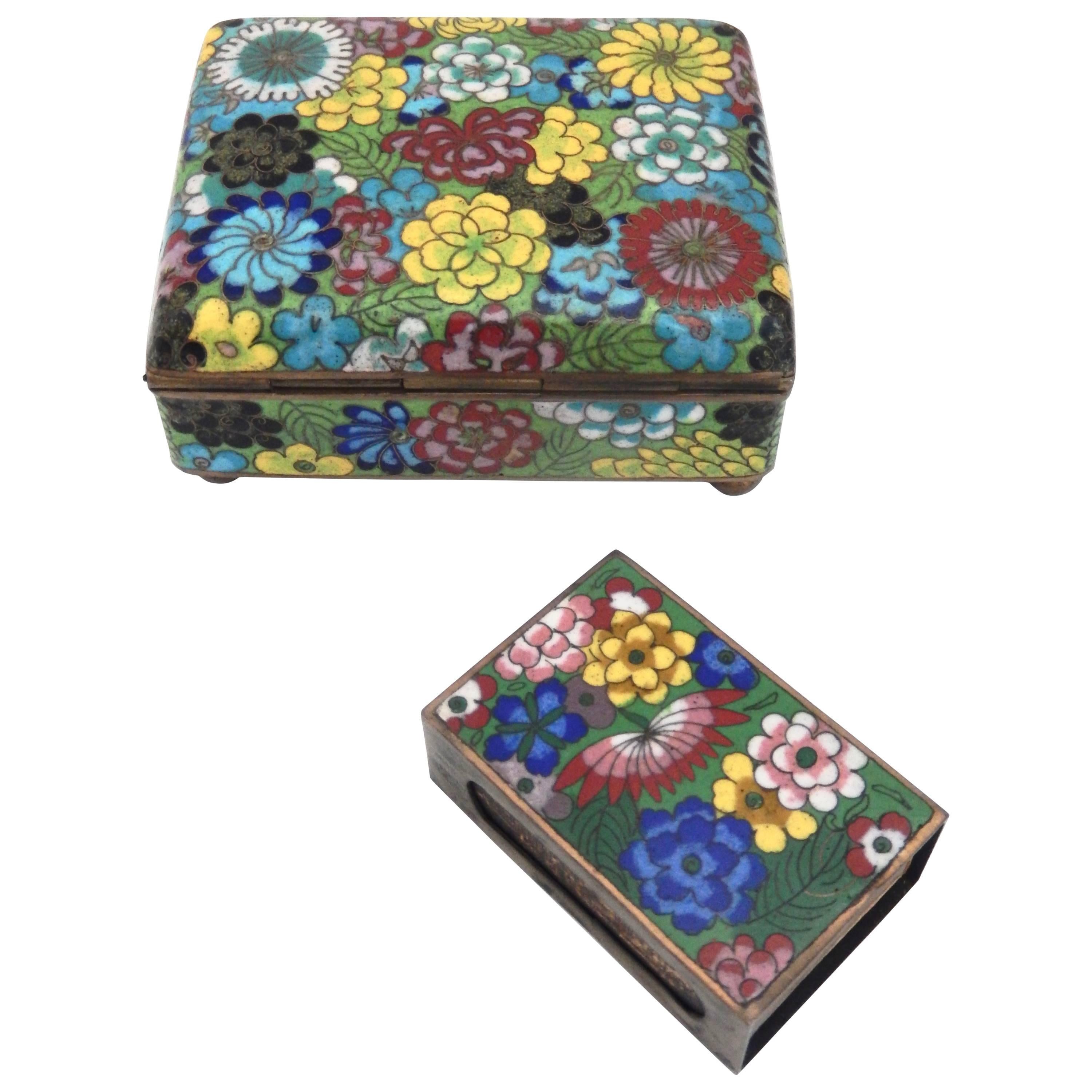 Vintage Cloisonné Cigarette Box and Match Holder with Floral Motif For Sale