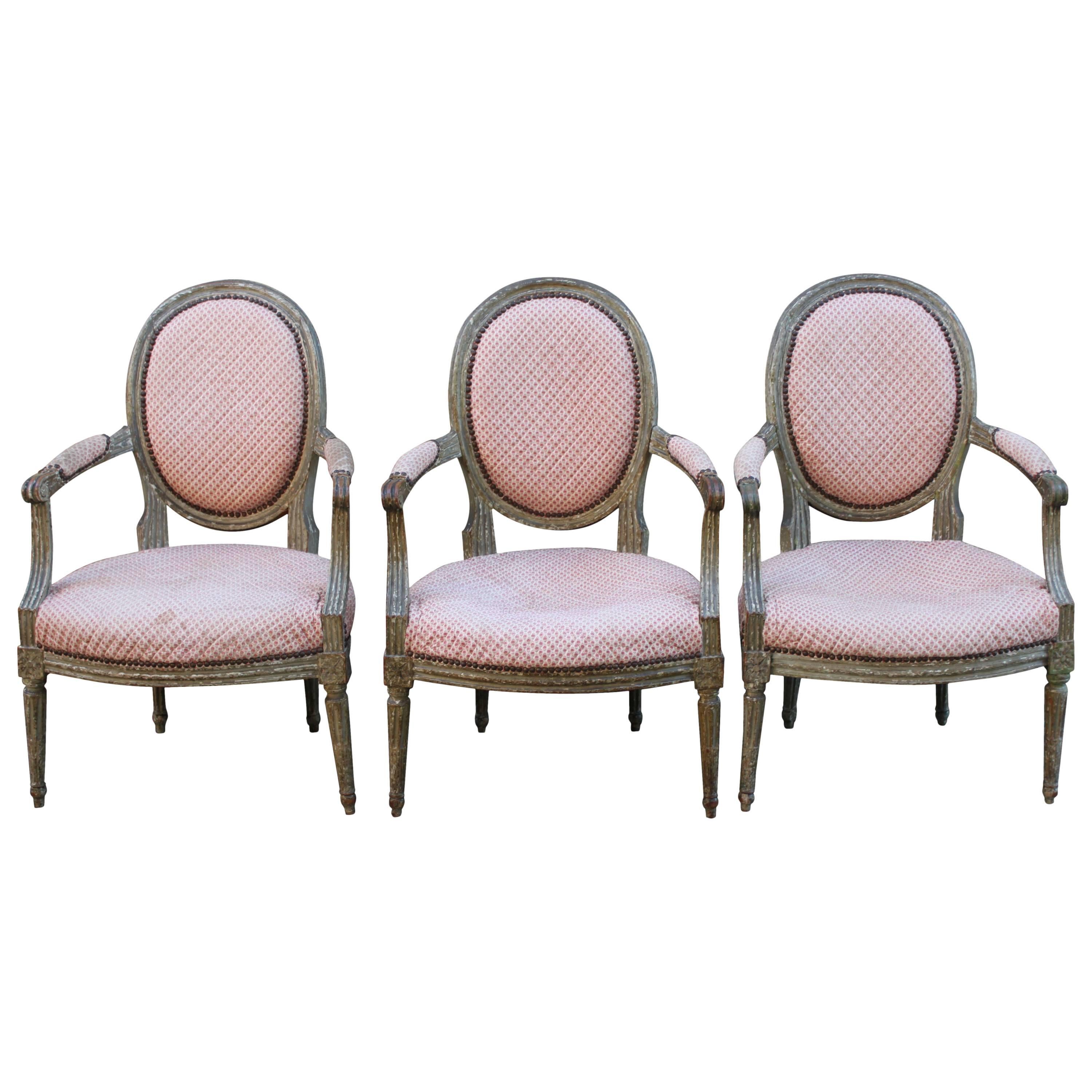 Set of Three Period Louis XVI Painted Fauteuils, France, Late 18th Century