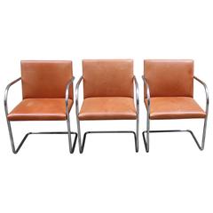 Set of Three Leather Mies van der Rohe Knoll Studio Armchairs, Signed