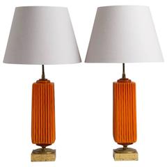 Pair of Italian Orange Textured Ceramic Table Lamps, 1960s