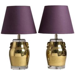 Pair of Bauer Designed Brass and Lucite Table Lamps, 1970s