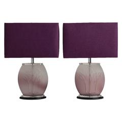 Pair of Lalique Style Amethyst-Toned Glass Table Lamps, 1970s