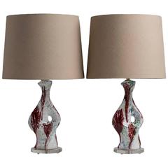 Pair of Biomorphic Shaped Glazed Ceramic Table Lamps, 1970s