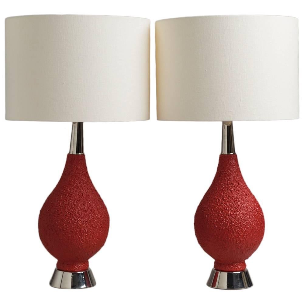 Vibrant Pair of Textured Ceramic Table Lamps, 1970s