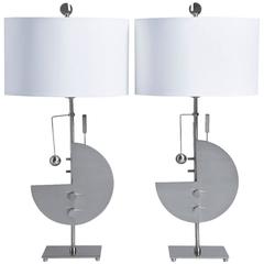 Vintage Pair of Sculpted Steel Memphis Style Table Lamps, 1980s