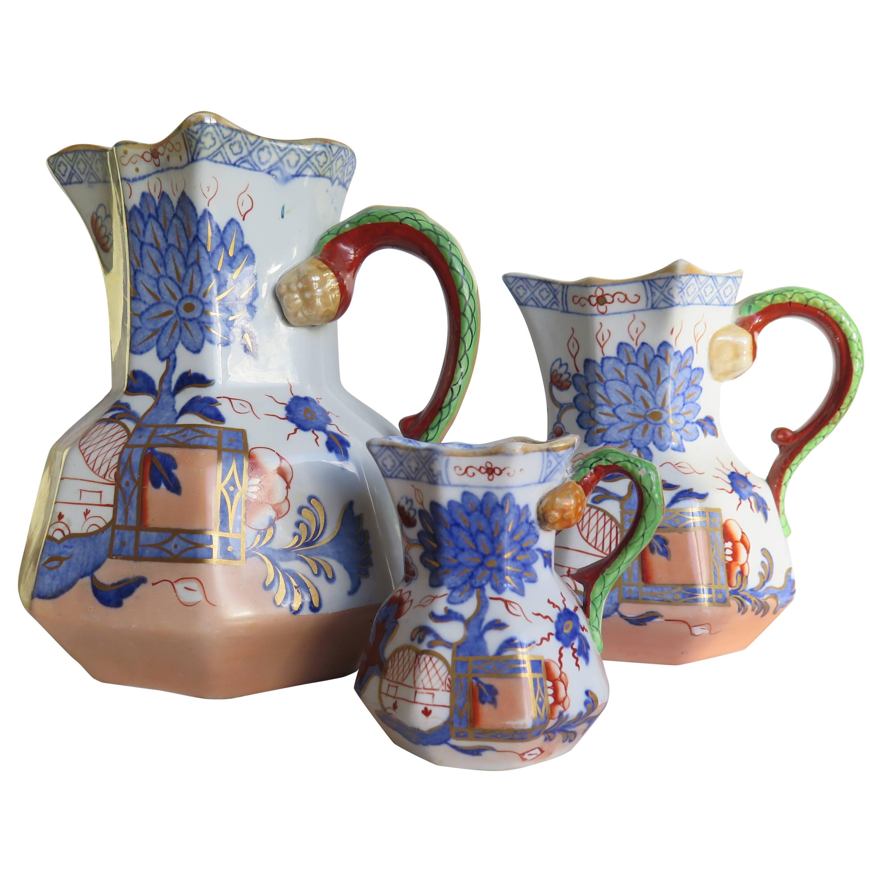 19th Century TRIO of Mason's Iron Stone Jugs or Pitchers, "Jardiniere Pattern