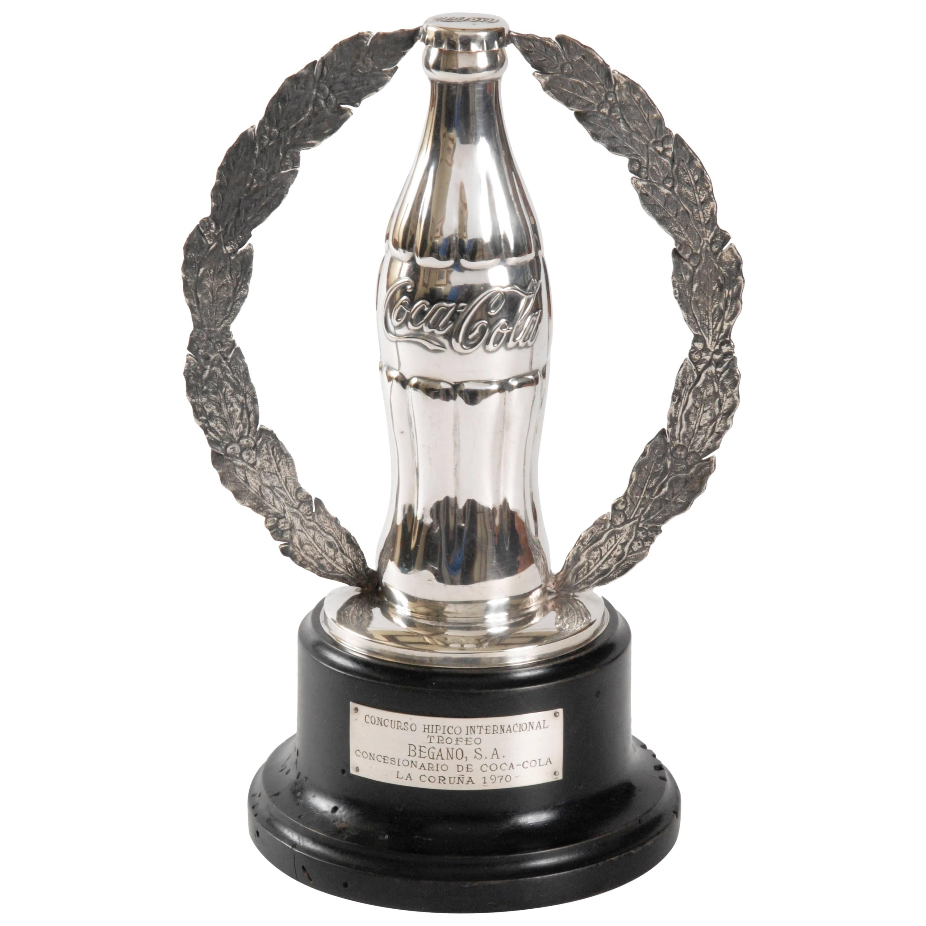 Retro Silver Coca Cola Bottle Horse Trophy, Spain For Sale
