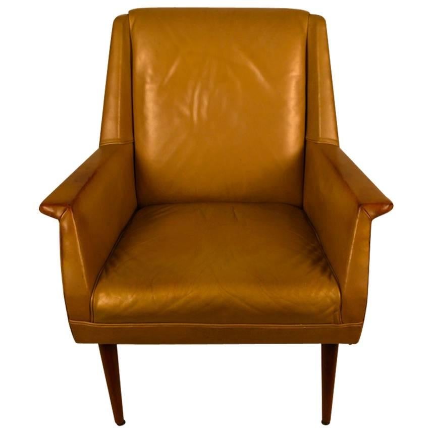 Gold Finish Leather Mid Century Lounge Chair 