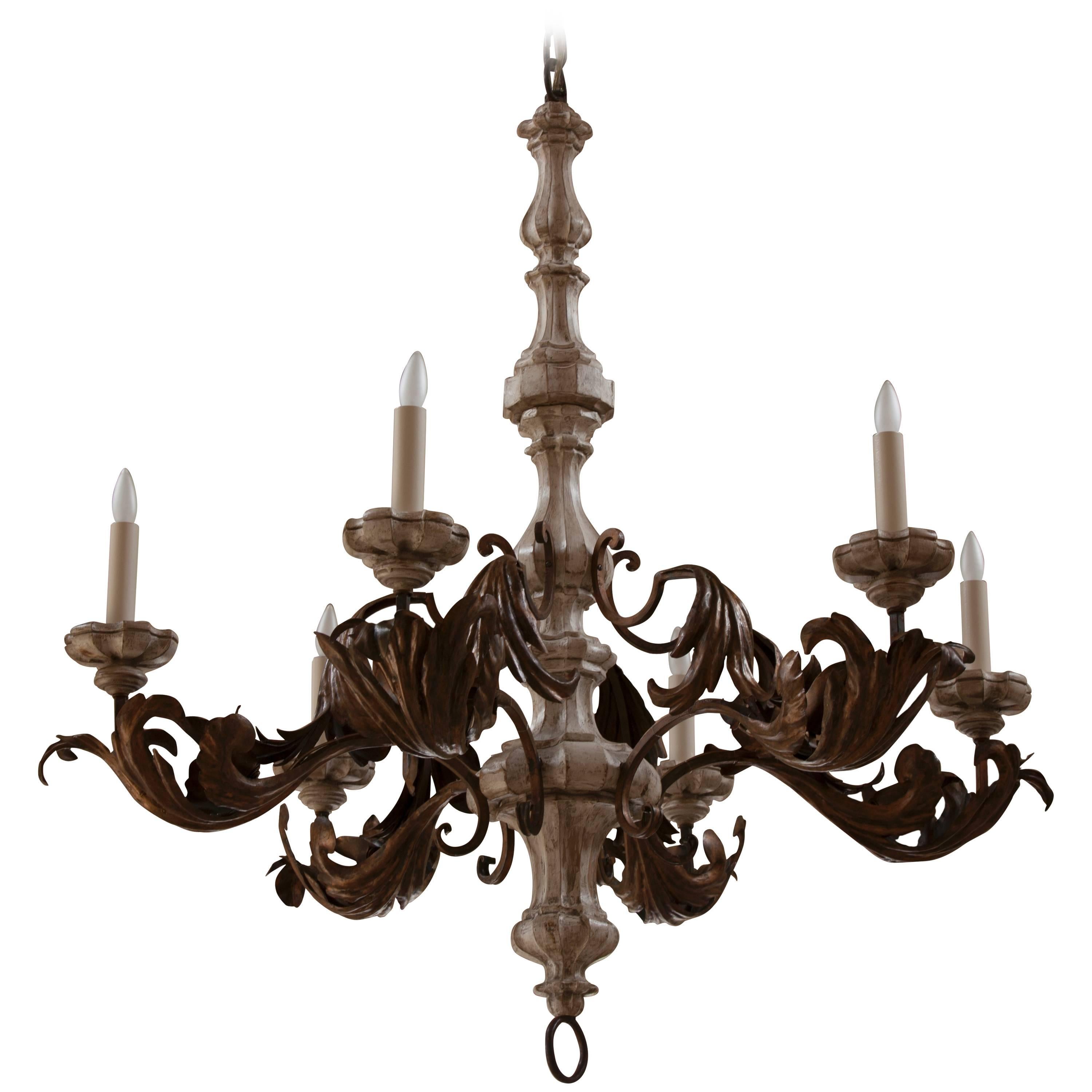 Large Italian Tole and Painted Wood Six-Light Chandelier