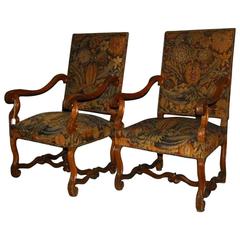 Pair of 19th Century Louis XIV Carved Oak Open Arm Chairs