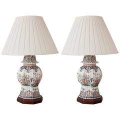 Pair of 19th Century Polychrome Delft Covered Vases Mounted as Lamps