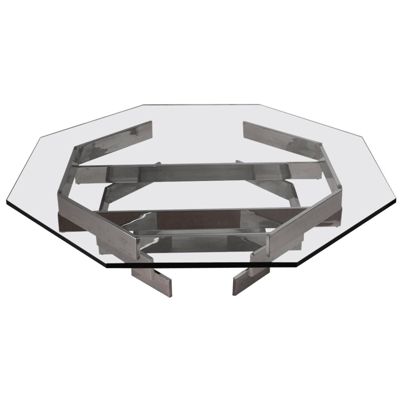 Table basse octogonale en chrome et verre 