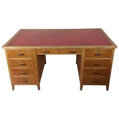 1930s Light Oak Pedestal Desk with Original Leather Top