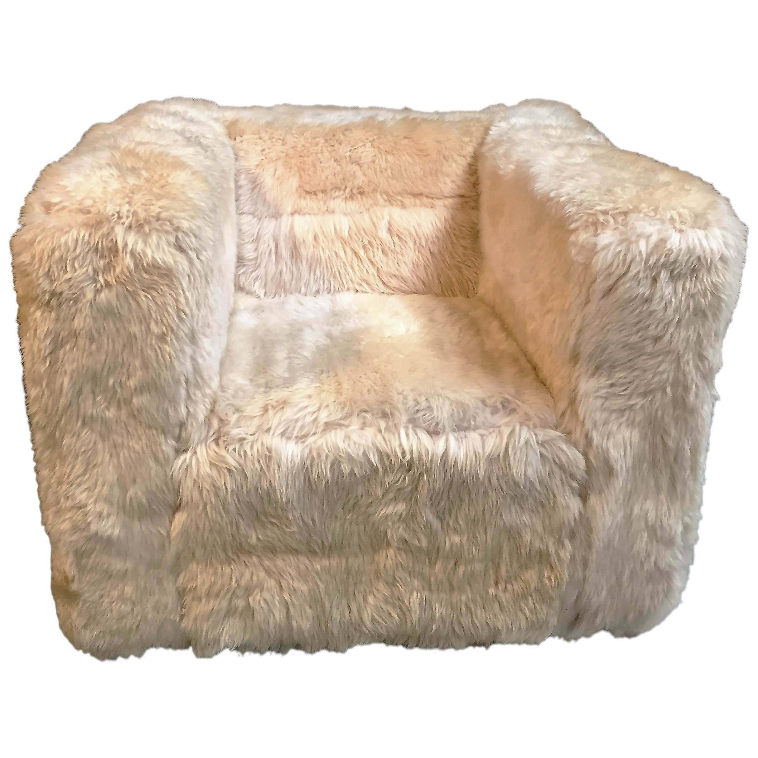 Cube chair upholstered with sheepskin