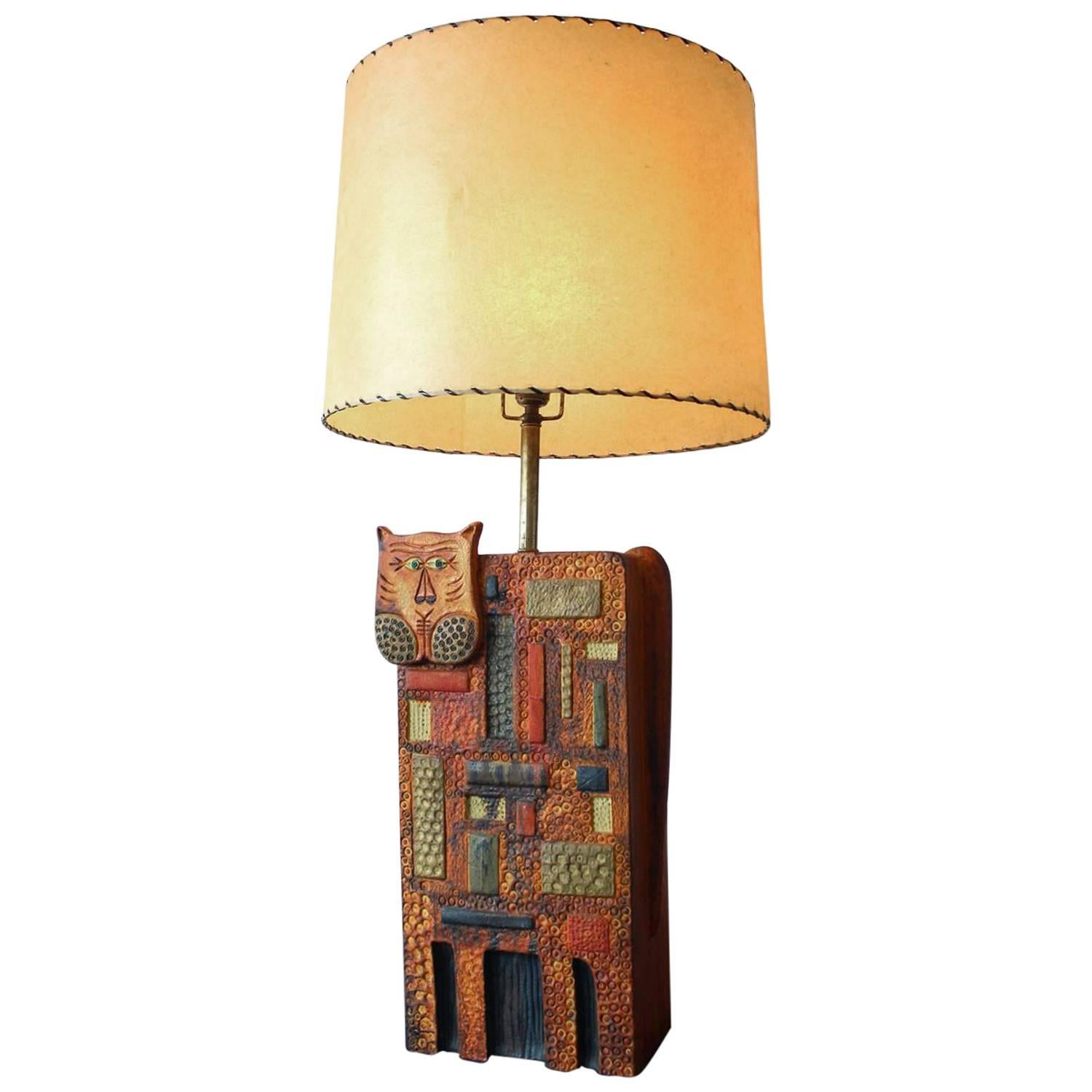 Large Italian Ceramic Lamp Form with Applied Cat Head by Fantoni, 1960 For Sale