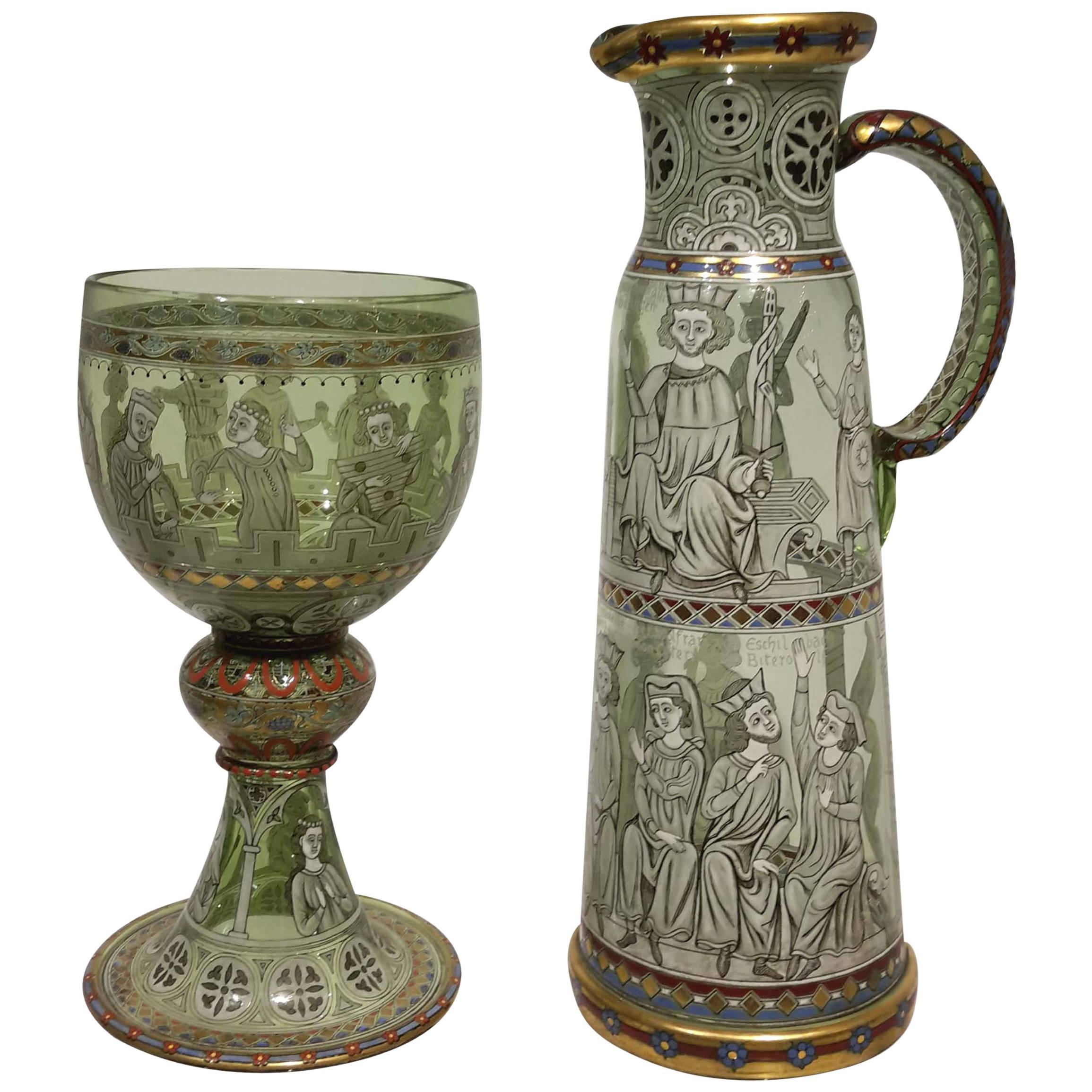 Magnificent Lobmeyr Enameled Glass Chalice and Ewer, circa 1880 For Sale