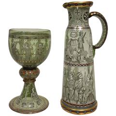 Magnificent Lobmeyr Enameled Glass Chalice and Ewer, circa 1880