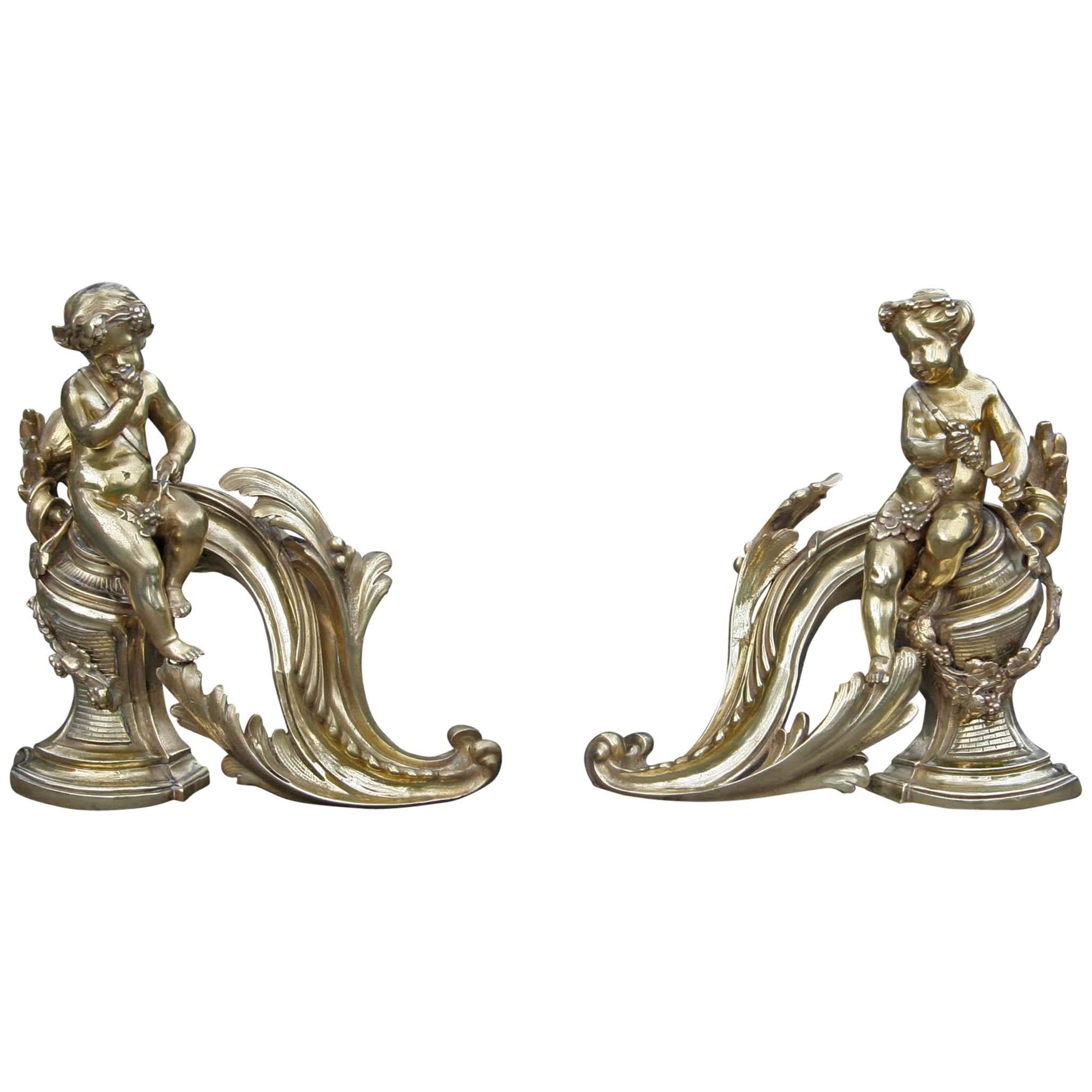 Antique Pair of French Gilt Bronze Fireplace Chenet, Andirons For Sale