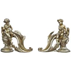 Antique Pair of French Gilt Bronze Fireplace Chenet, Andirons