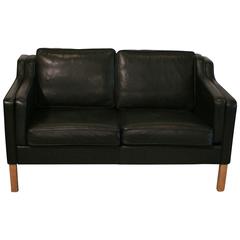 Vintage Danish Black Leather Two-Seat Sofa