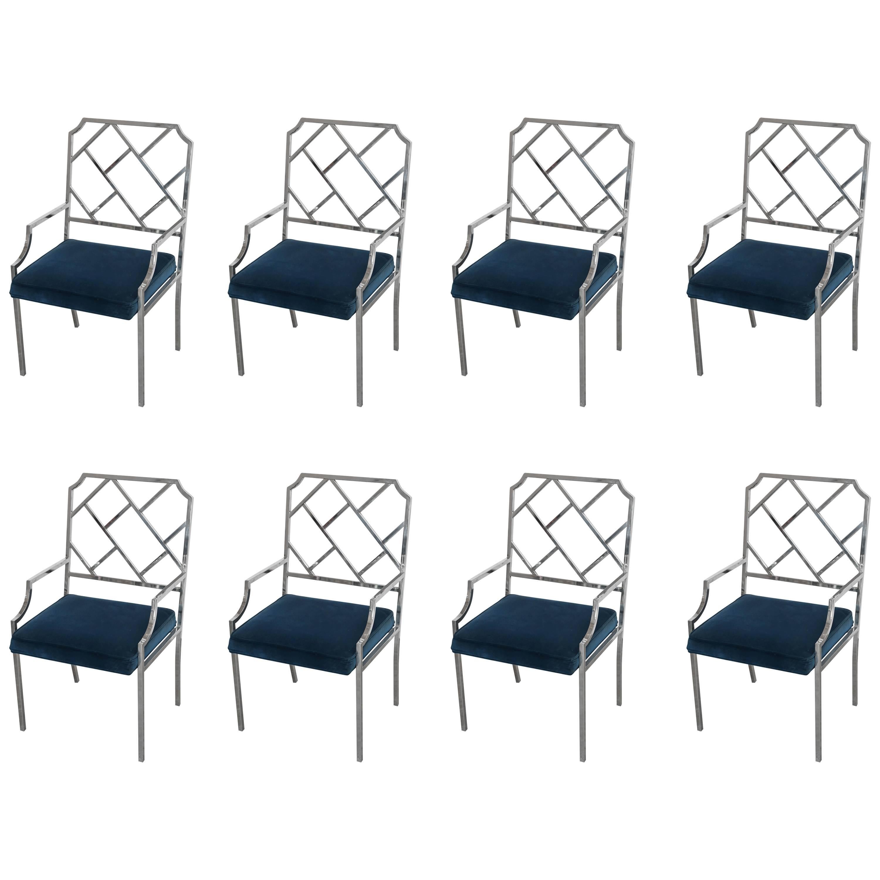 Milo Baughman for DIA Chrome Chippendale, Set of Eight Dining Chairs