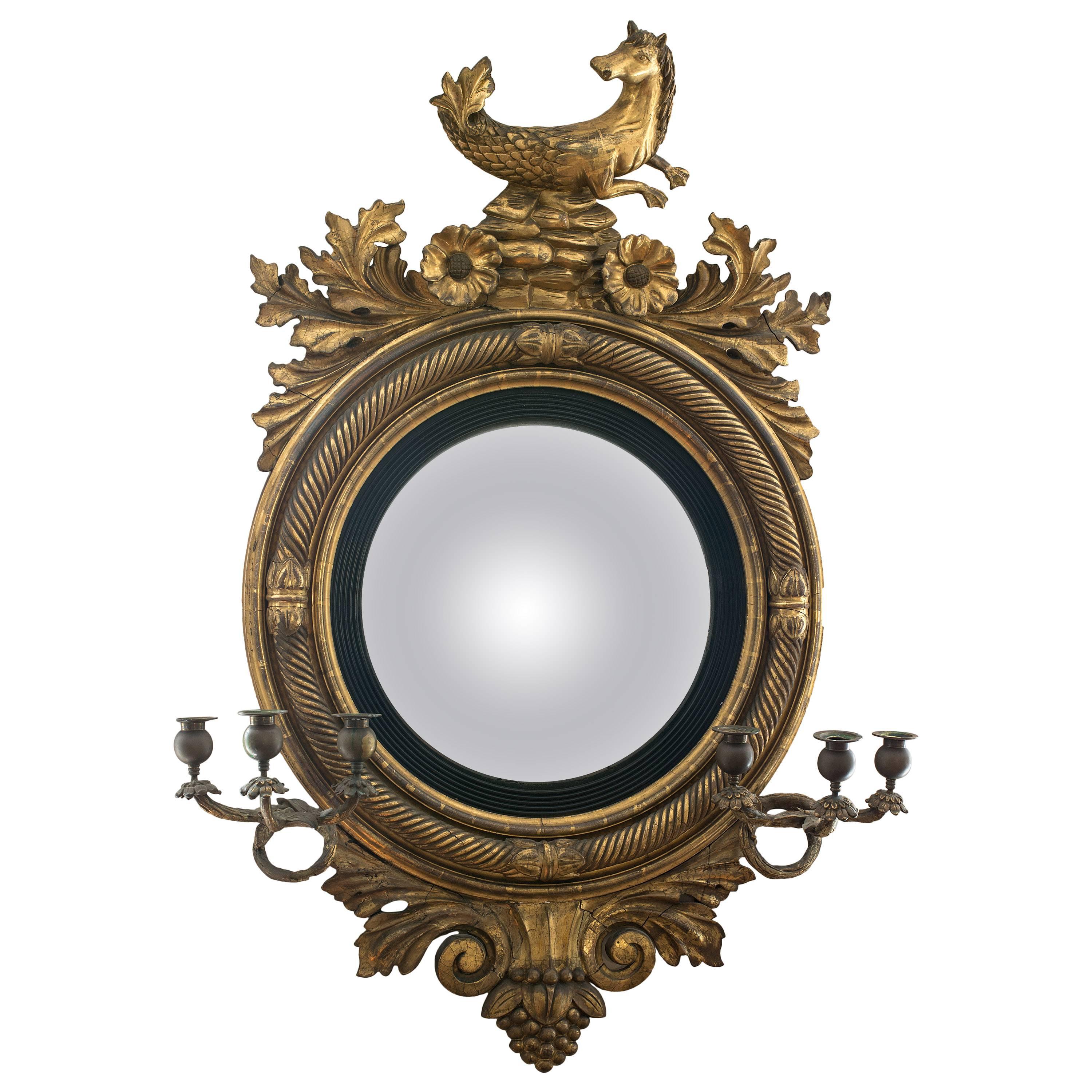 Large Important Regency Carved Giltwood Girandole Convex Mirror