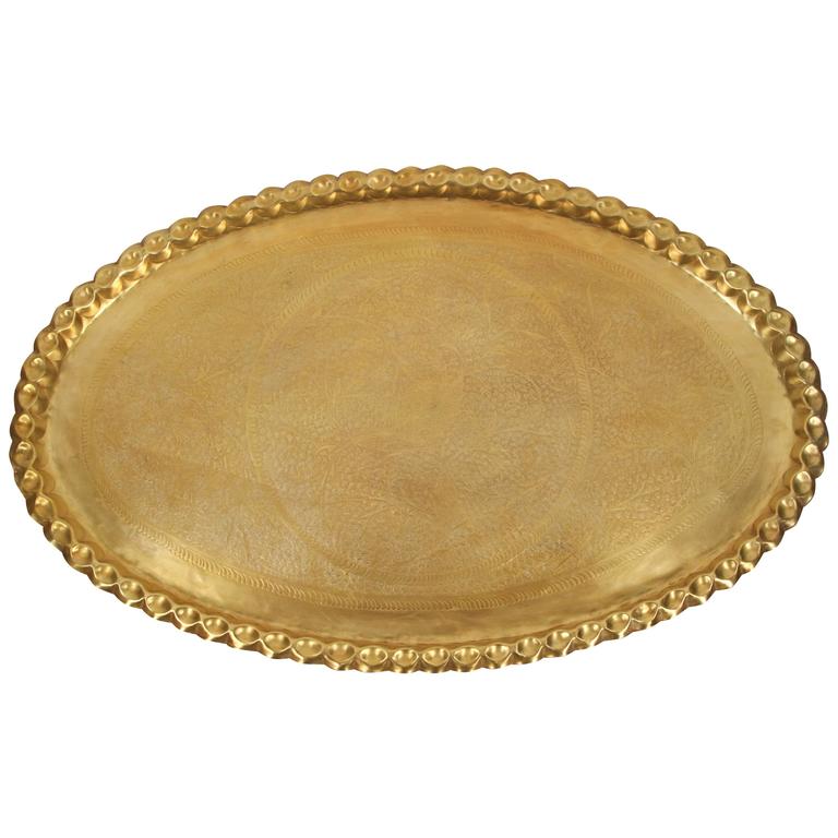 Vintage Oval Brass Tray Large Scalloped Platter Grapevine 1960’s WOW!