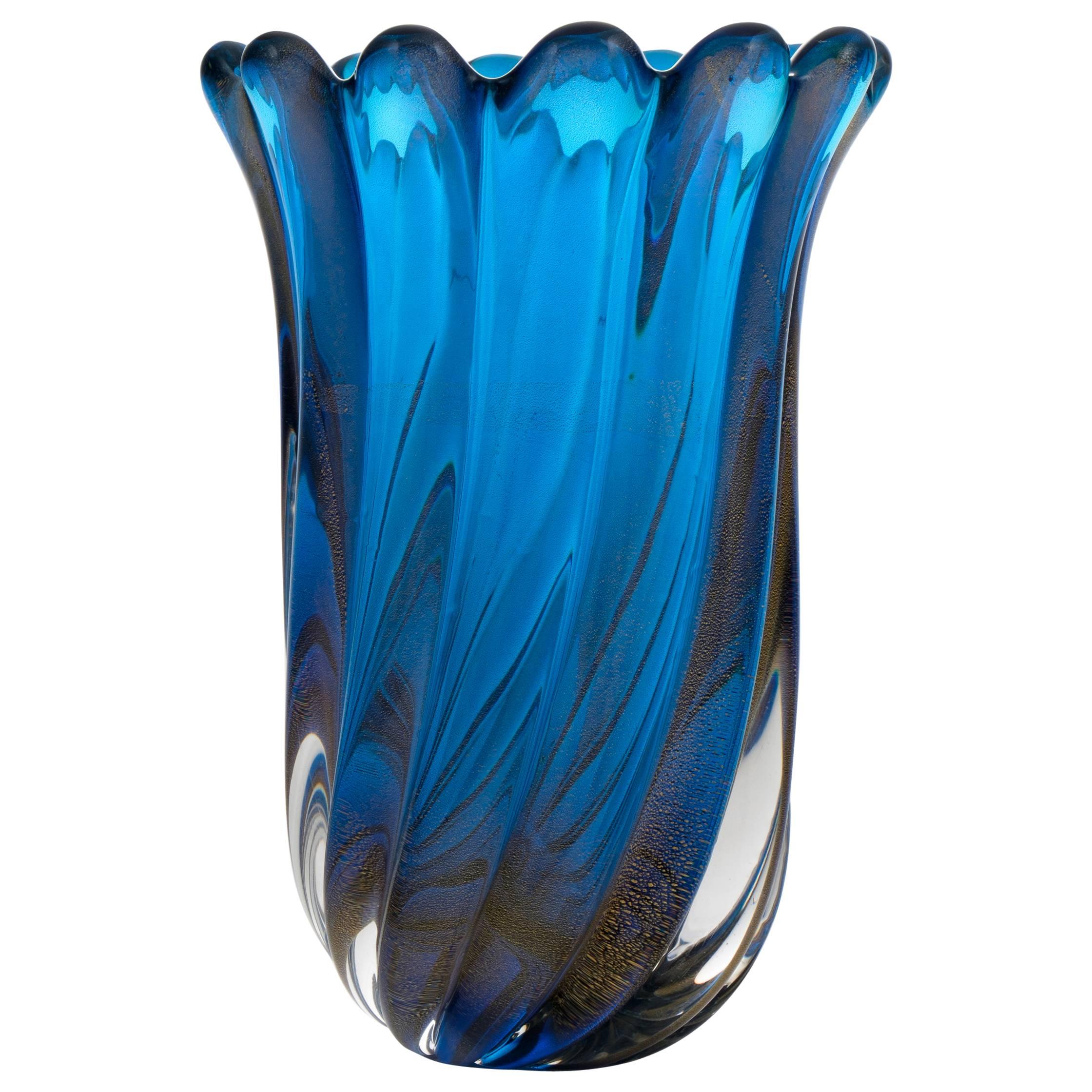 Murano Cobalt Blue "Polvera D'oro" Glass Vase