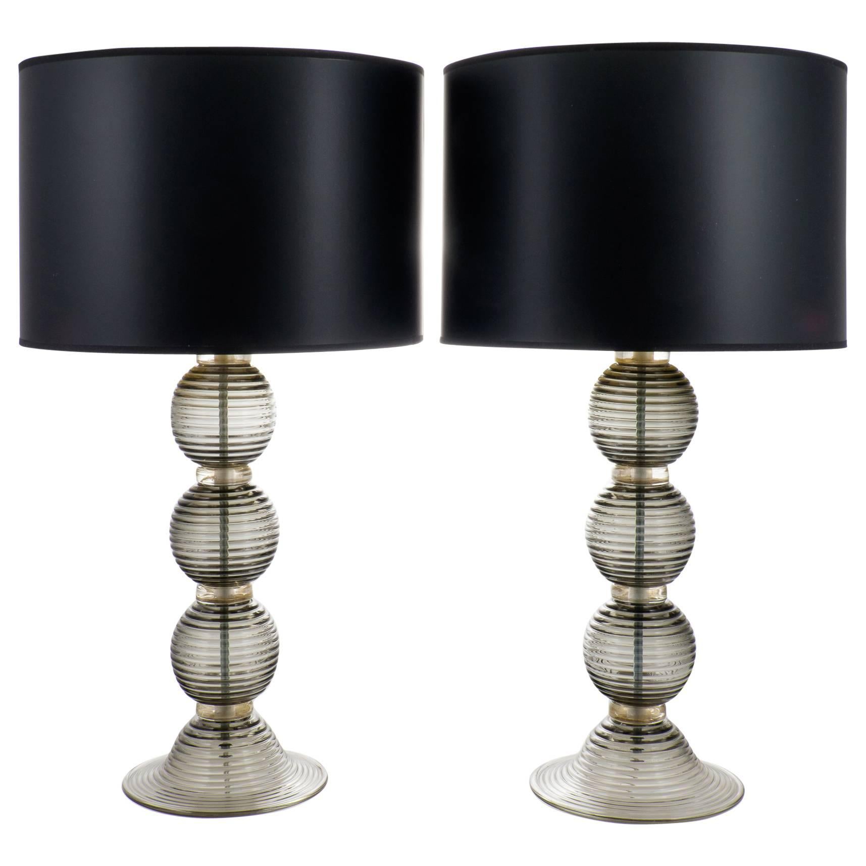 Murano Gray Glass Pair of Table Lamps For Sale