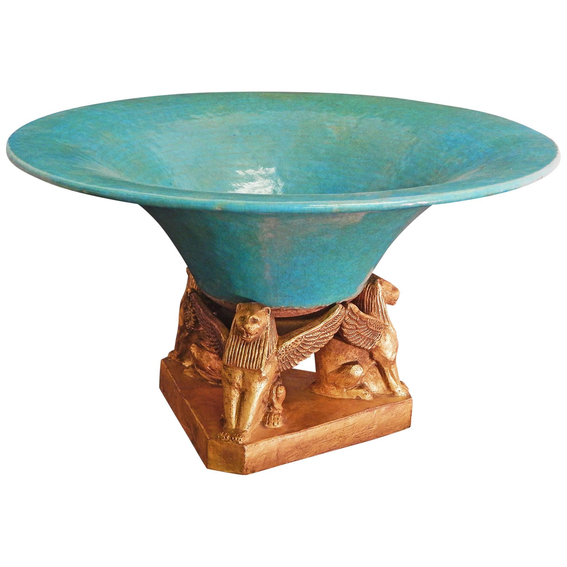 Fabulous, Large Egyptian Revival Bowl on Sphinx Pedestal by Leon Volkmar