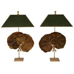 Pair of Midcentury Brass Table Lamps with Lotus Leaves
