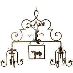 Large Wrought Iron Double Chandelier with Horse Silhouette Plaque 