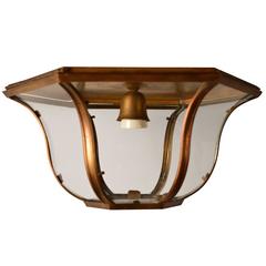 Vintage Hexagon Brass Flush Mount Ceiling Light Fixture with Bowed Glass Panels