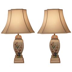 Pair of French Hand-Painted Porcelain Chinoiserie Table Lamps