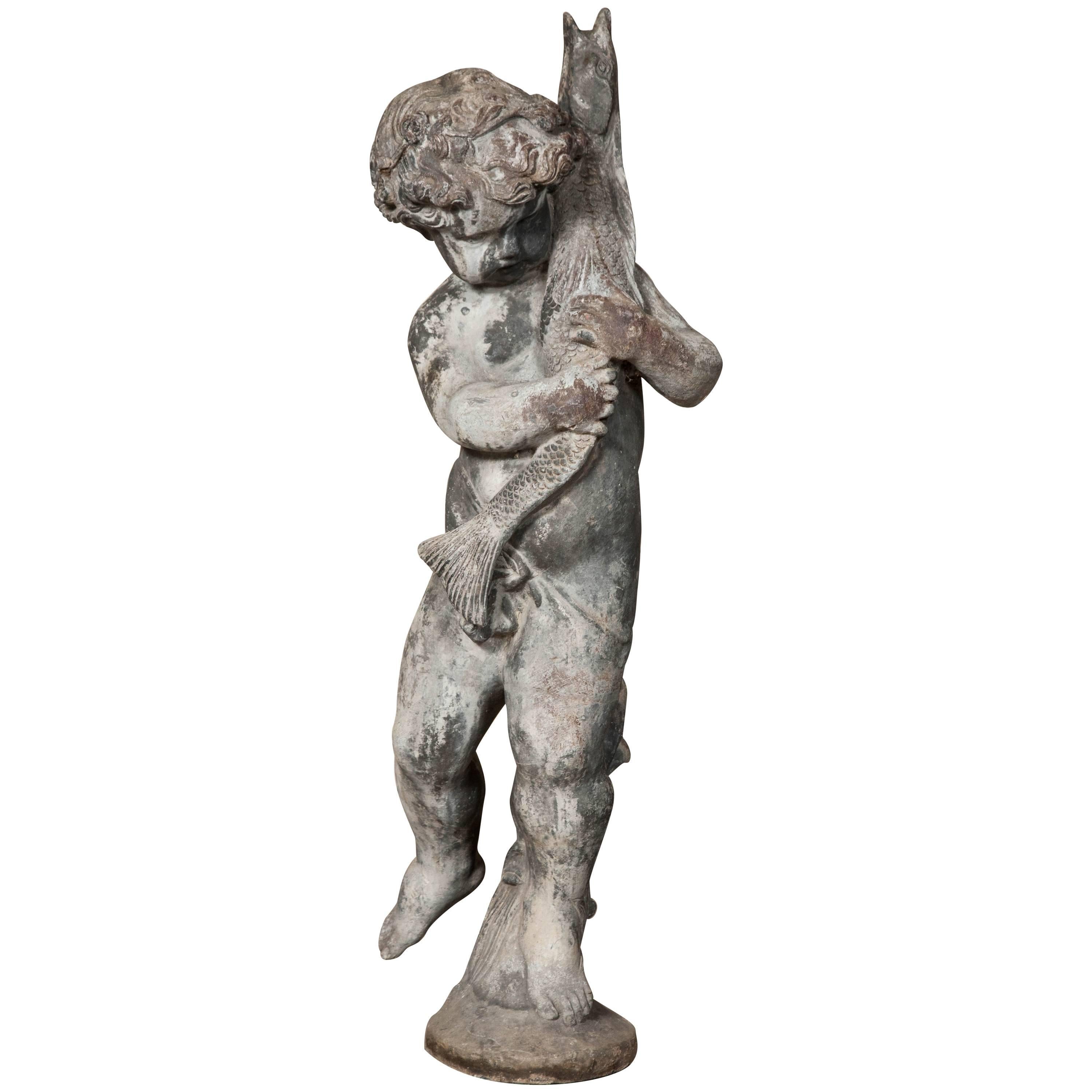 Antique Boy with Pike Lead Fountain For Sale