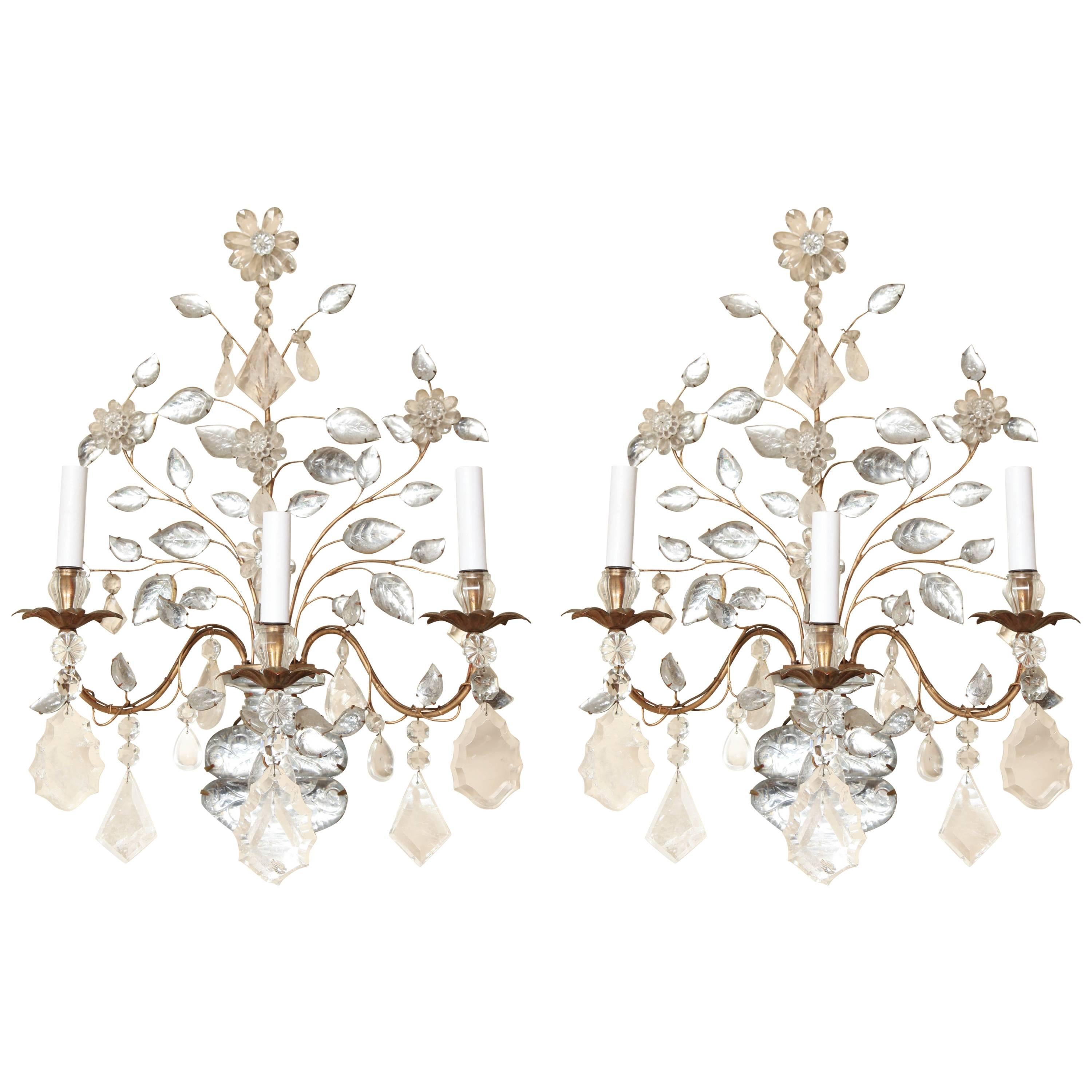 Pair of Three-Light French Bagues Louis XVI Style Wall Sconces 