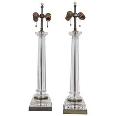 Pair of Glass and Brass Column Lamps by Chapman Lamp Co. USA