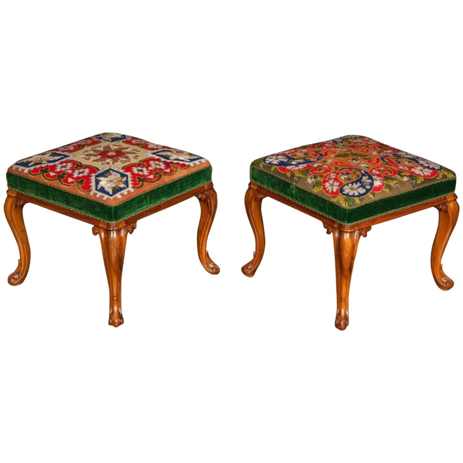 Pair of Walnut Stools, 19th Century, with Berlin Needlework Covers, Circa 1862 For Sale
