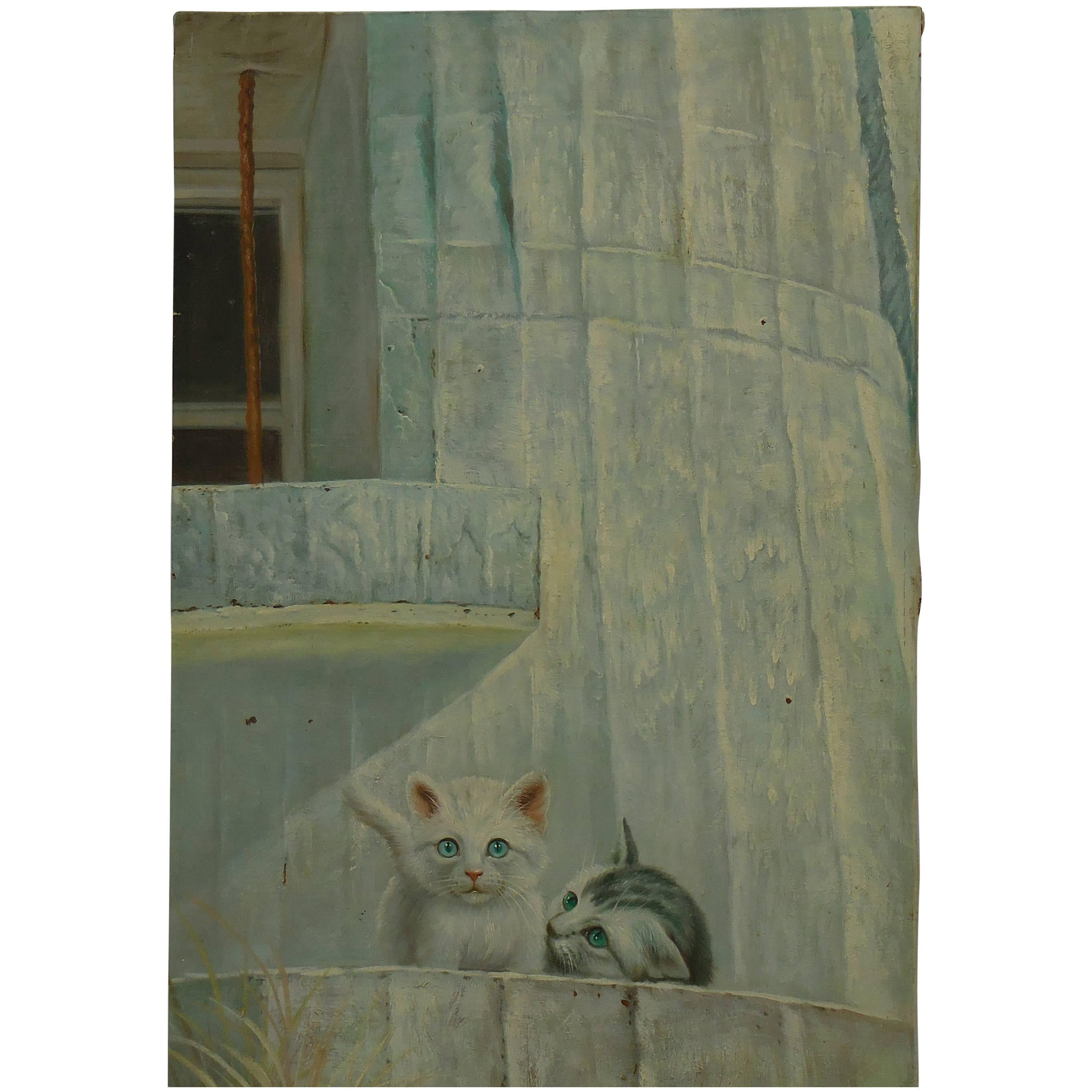 Peinture à l'huile vintage "Kittens on the Balcony" (Kittens sur le balcon)