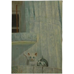Vintage Oil Painting "Kittens on the Balcony"