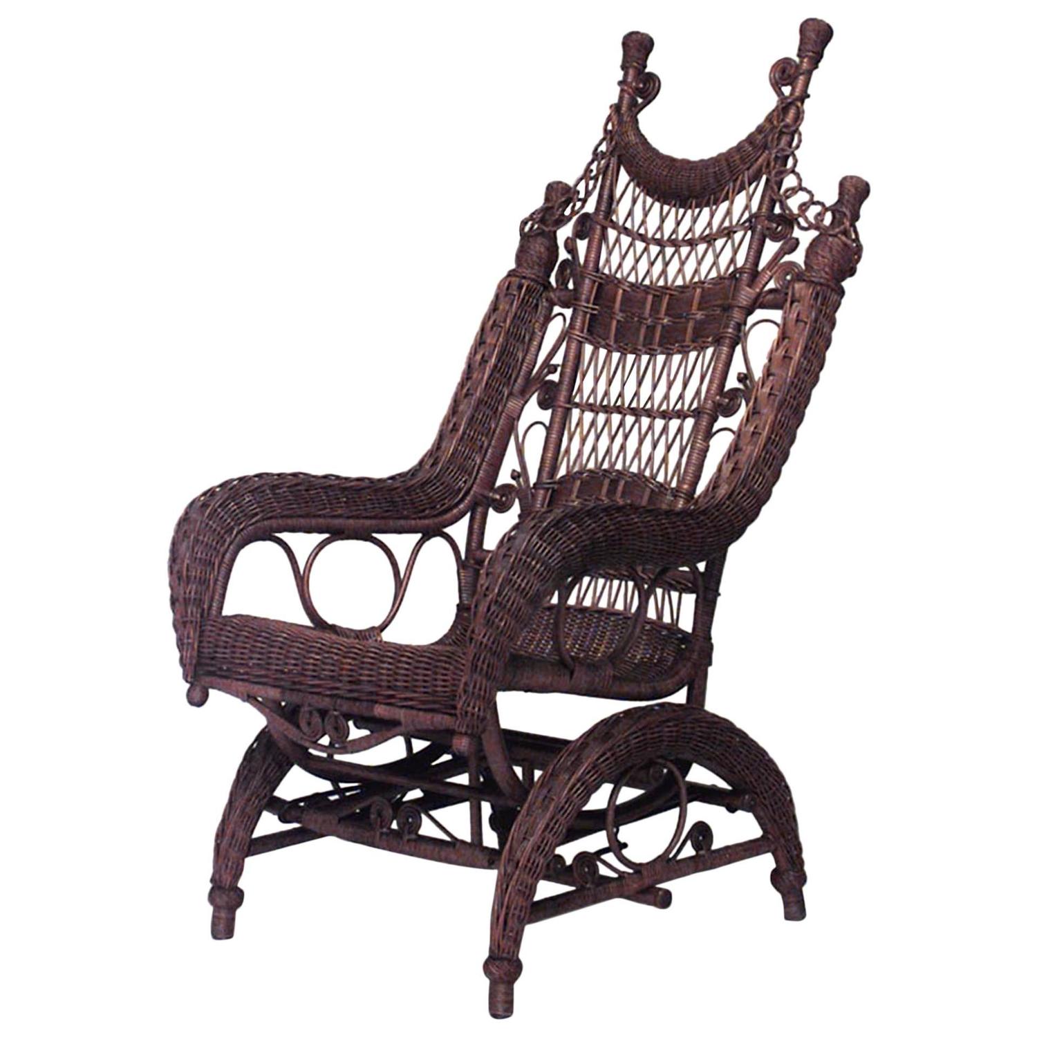 19th Century American Ornate High Back Wicker Rocking Chair by the