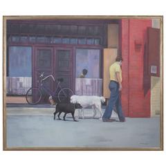 Vintage Acrylic Painting on Canvas of a Street Scene with Dogs by Paul Berger