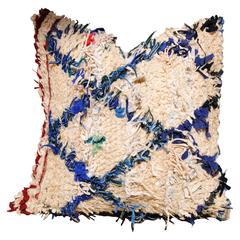 Vintage Hand-Loomed Wool Beni Ourain Moroccan Pillow with Blue Tufted Design