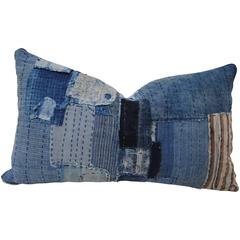 Antique Japanese Boro Pillow, Indigo Hand Loomed Cotton with Sashiko Stitching