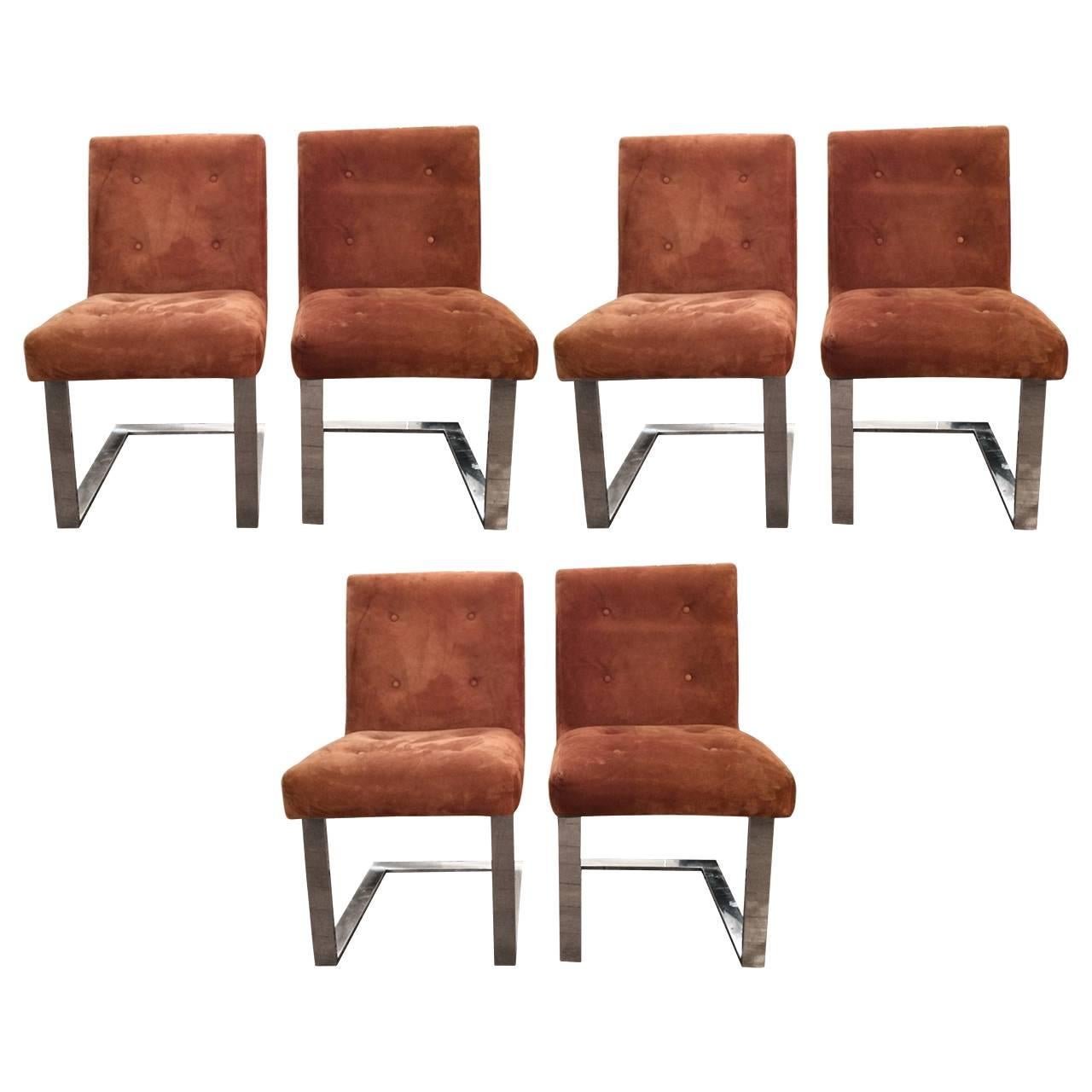 Set of Six Suede and Chrome Midcentury Modern Paul Evans Dining Chairs