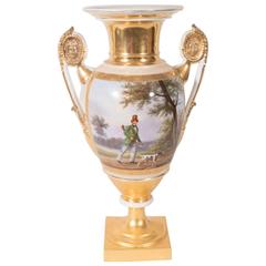 Antique Paris Porcelain Vase Hand-Painted Showing a Hunter and His Dog