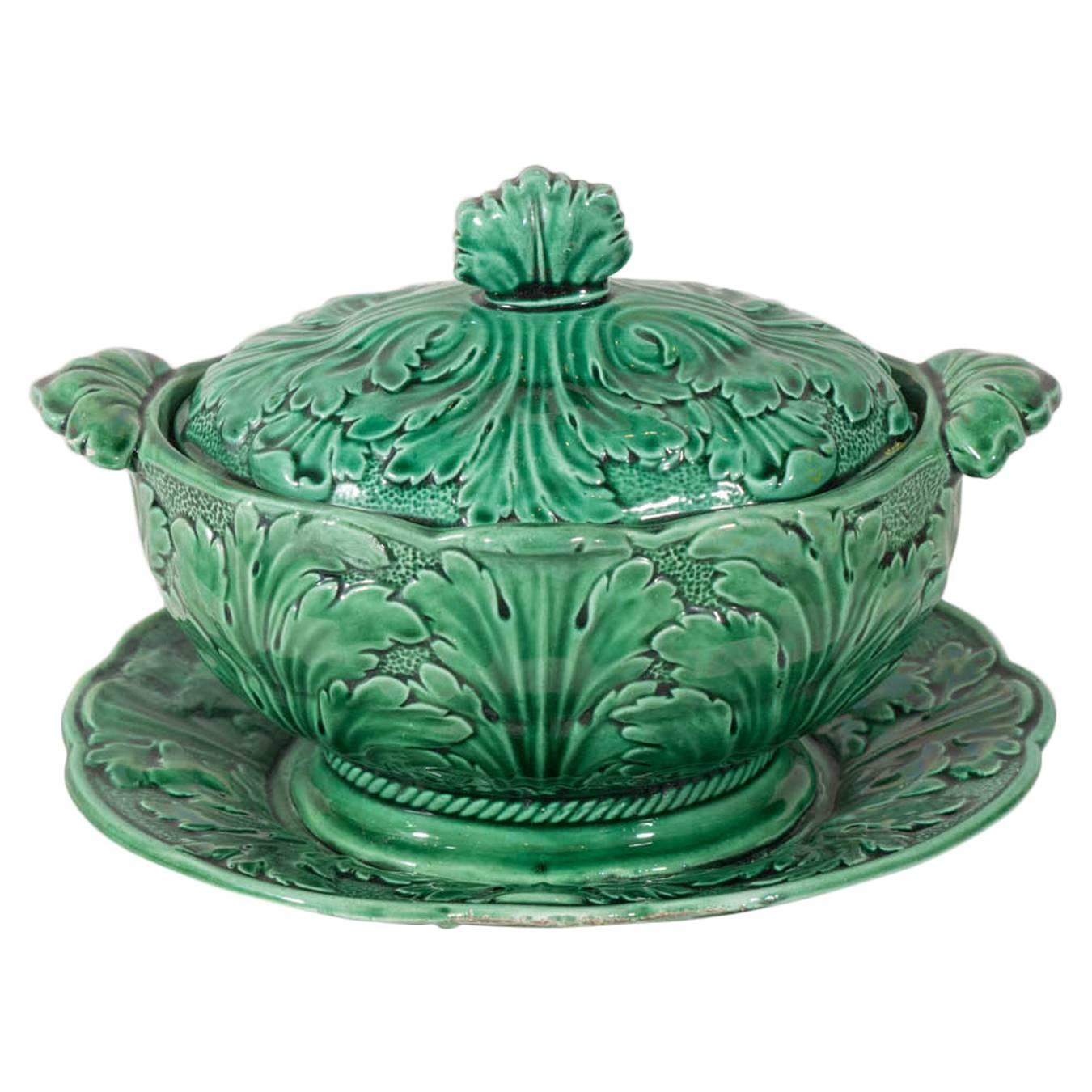 Small Antique Green Majolica Tureen at 1stDibs